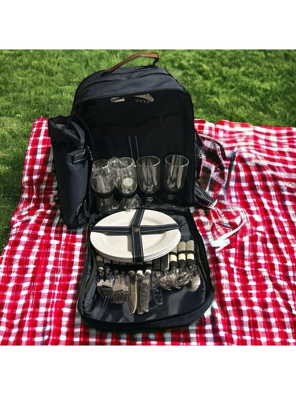 Red Envelope Wine and Snack Picnic Backpack Service for 4 in Navy Blue